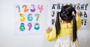 Young preschool girl pointing at letters and numbers on the wall